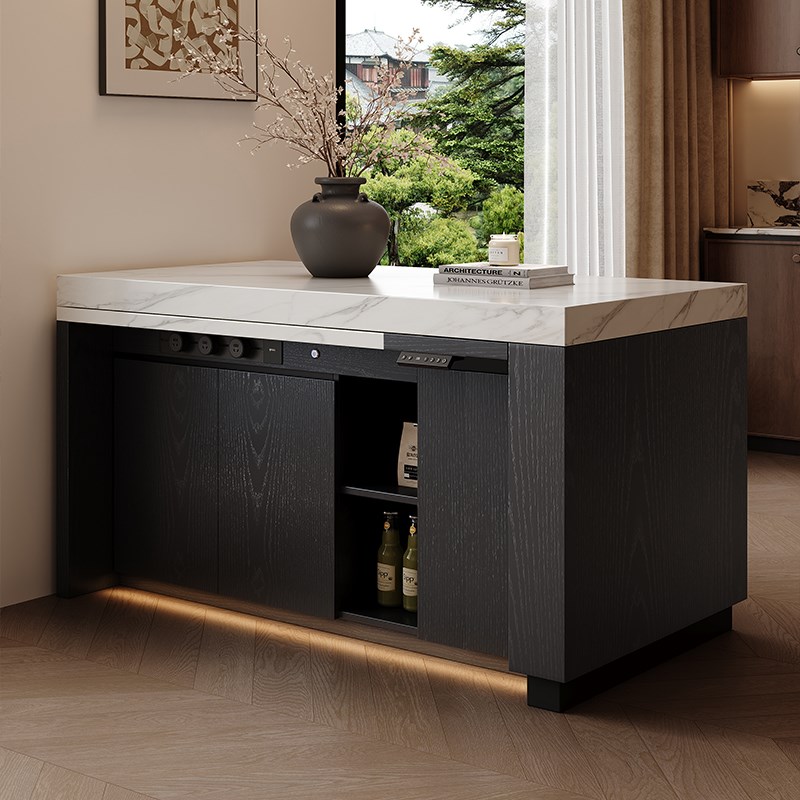 中古风实木岛台餐桌一体家用伸缩岩板中岛台2025新款厨房升降岛台