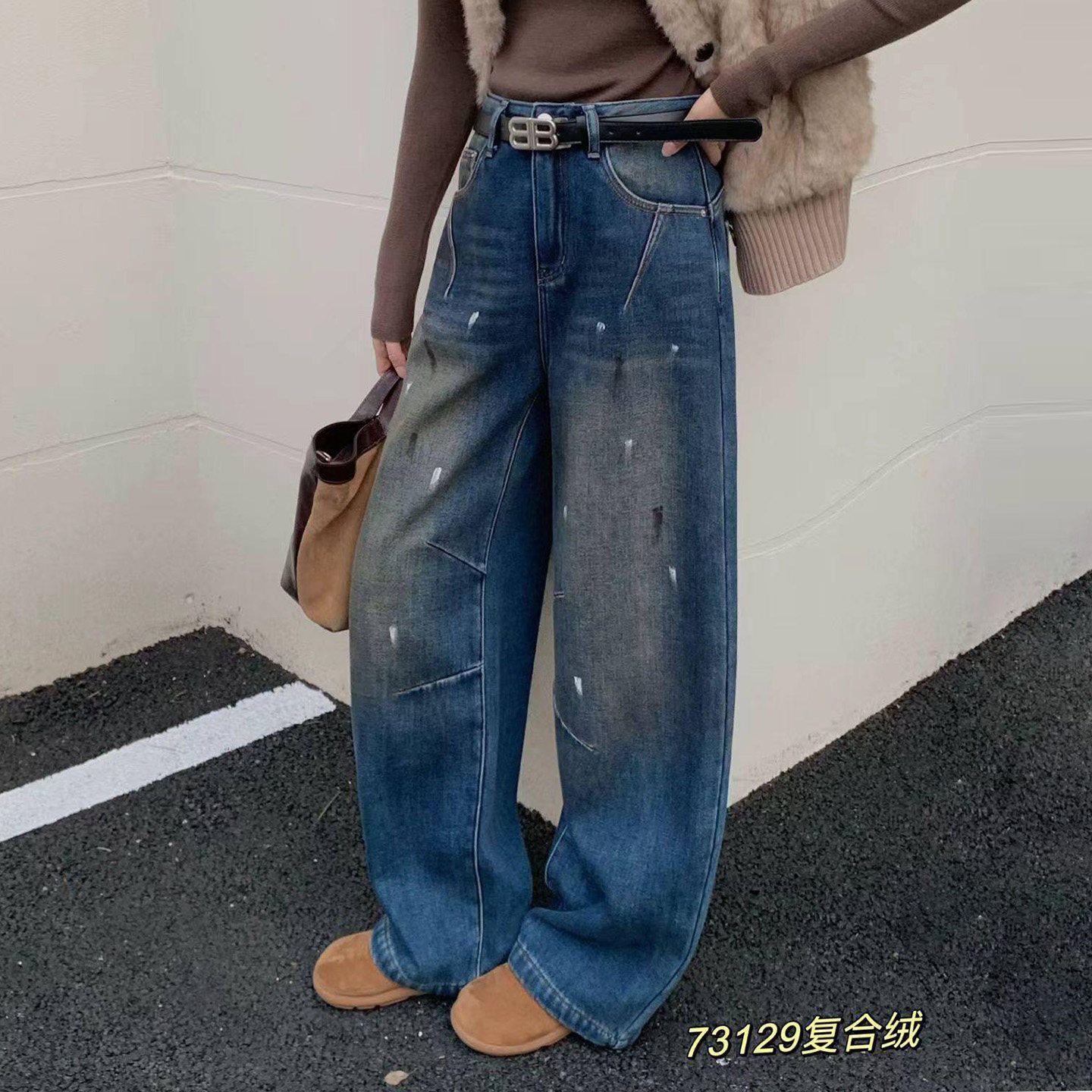 印染高腰牛仔裤女秋冬设计感阔腿弯刀裤加绒加厚宽松显瘦镰刀裤子,女装/女士精品,牛仔裤,淘宝优惠券,粉丝福利购,淘宝优惠卷