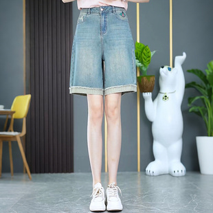 女夏季 毛边阔腿中裤 薄款 时尚 柔软舒适五分裤 高腰显瘦刺绣牛仔短裤