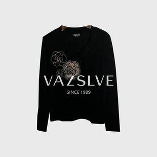 欧货重工烫钻长袖 捡漏 全新奢品 磨毛V领T恤女 VAZSLVE