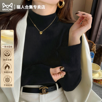 猫人黑色半高领加绒毛衣打底衫女