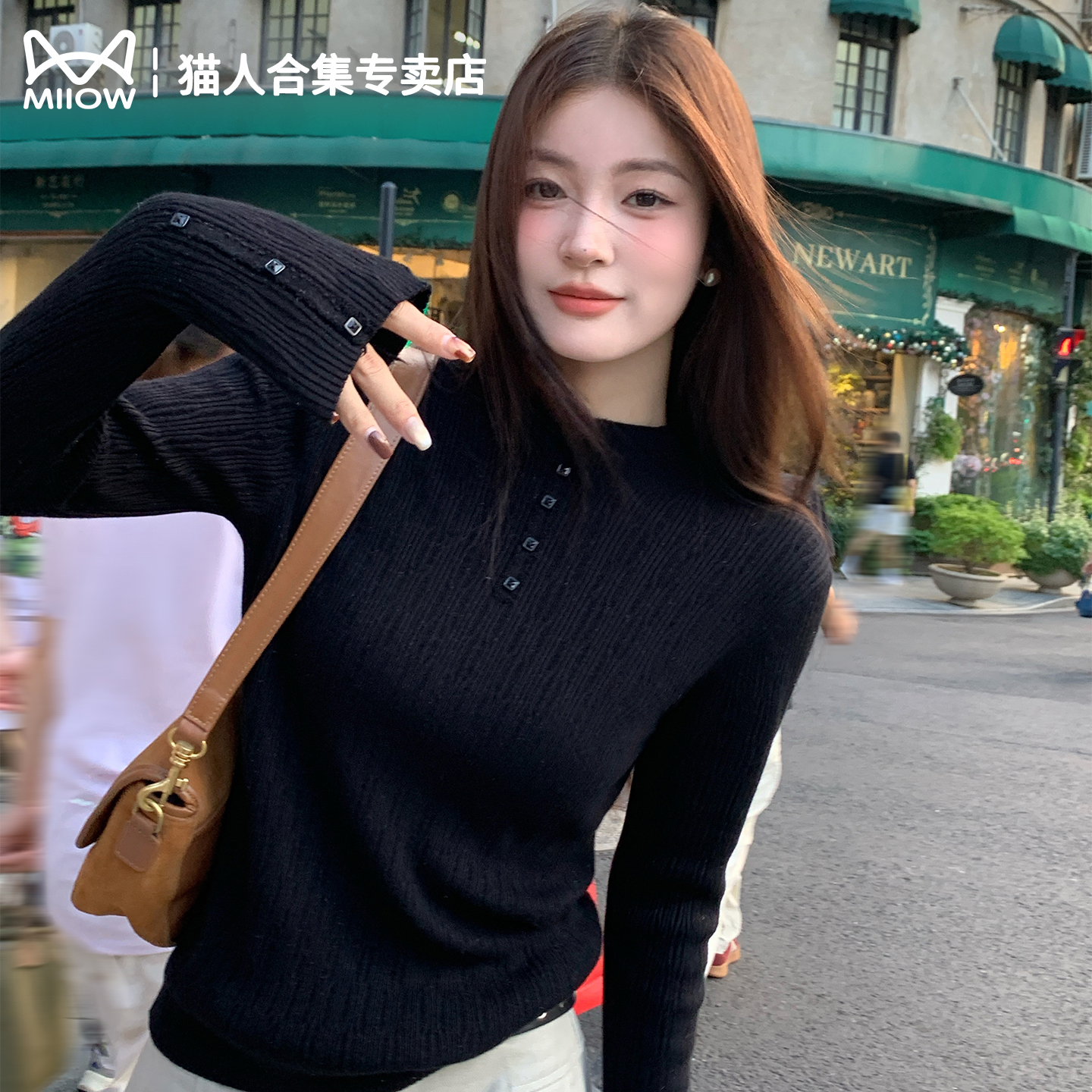 猫人黑色半高领针织衫女内搭修身
