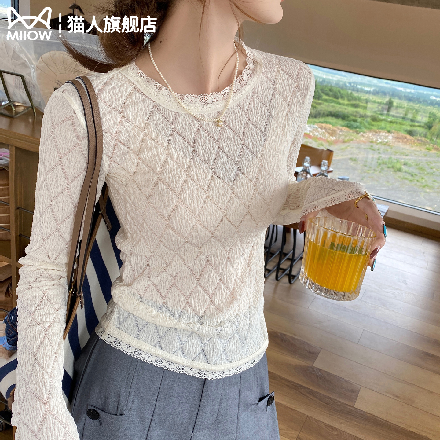 猫人白色蕾丝打底衫女内搭高级感