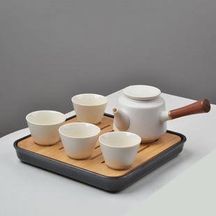 侧把茶具功夫茶托小套装 整套家用办公白瓷日式 一壶两杯过滤杯单人