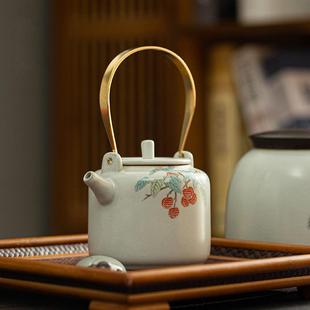 陶瓷茶壶功夫茶具泡茶器家用复古手绘花茶单壶烧水 汝窑提梁壶日式