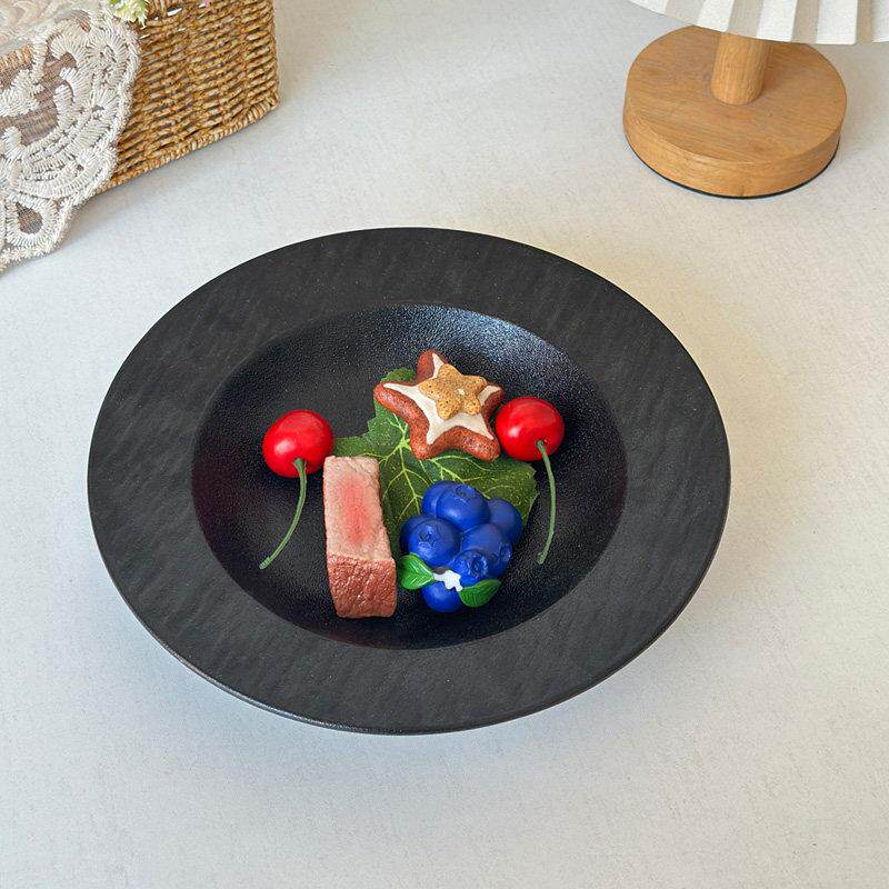 西餐厅意面ins风陶瓷西餐盘牛排意面盘高颜值黑色岩石纹草帽盘