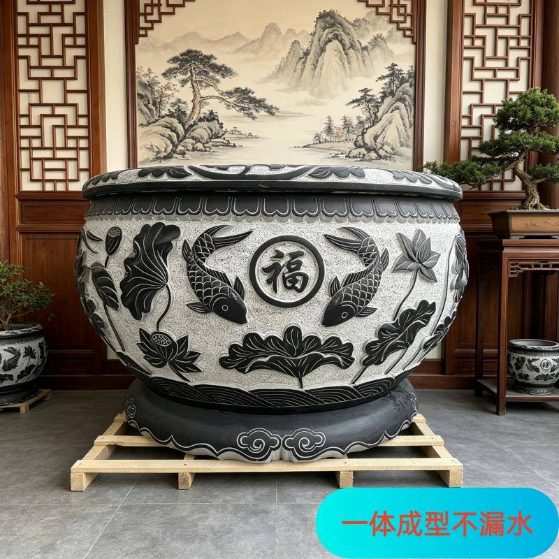 海石花石雕鱼缸花盆天然青石仿古荷花缸庭院养鱼石头缸户外门海石
