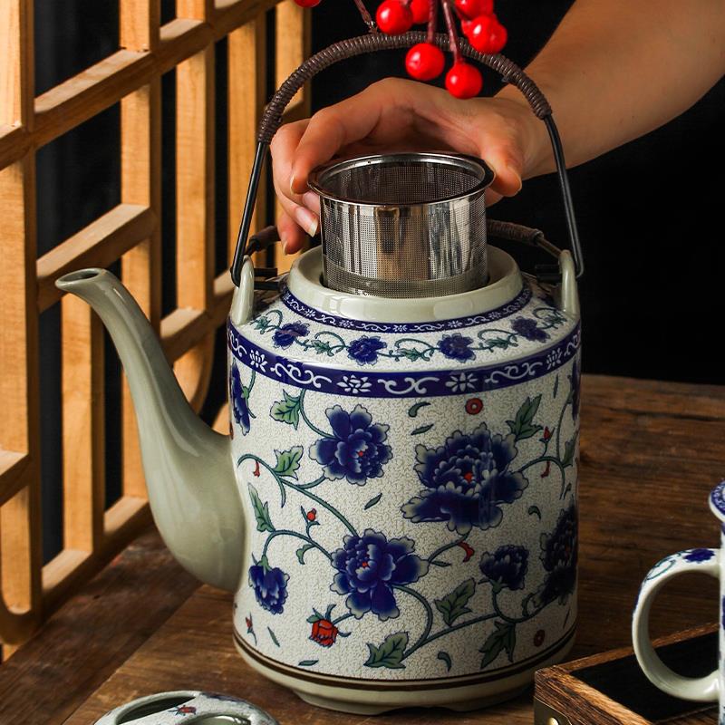 青花瓷中式复古陶瓷茶壶冷水壶凉水壶提梁壶套装大号家用功夫茶具