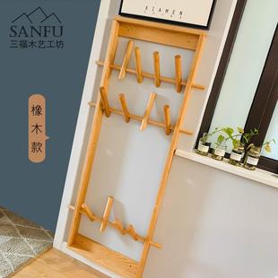 饰壁挂橡木置物架简约挂钩 墙面全实木挂衣架玄关收纳衣帽架北欧装