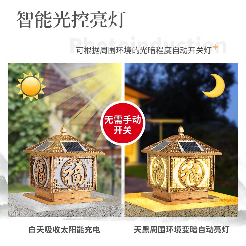 NN0I复古太阳能柱头灯户外庭院别墅农村大门口墙头围墙灯门柱子大