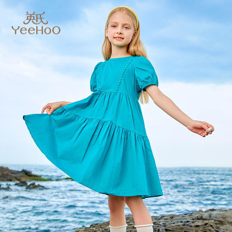 英氏2026夏季洋气中大童纯色长裙子儿童泡泡袖纯棉女童公主连衣裙