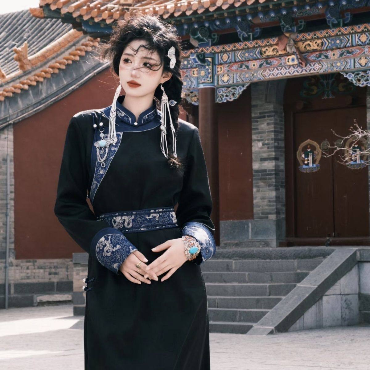 新款蒙古族黑玫瑰少数民族服装云南西藏民族演出服旅拍黑色套装