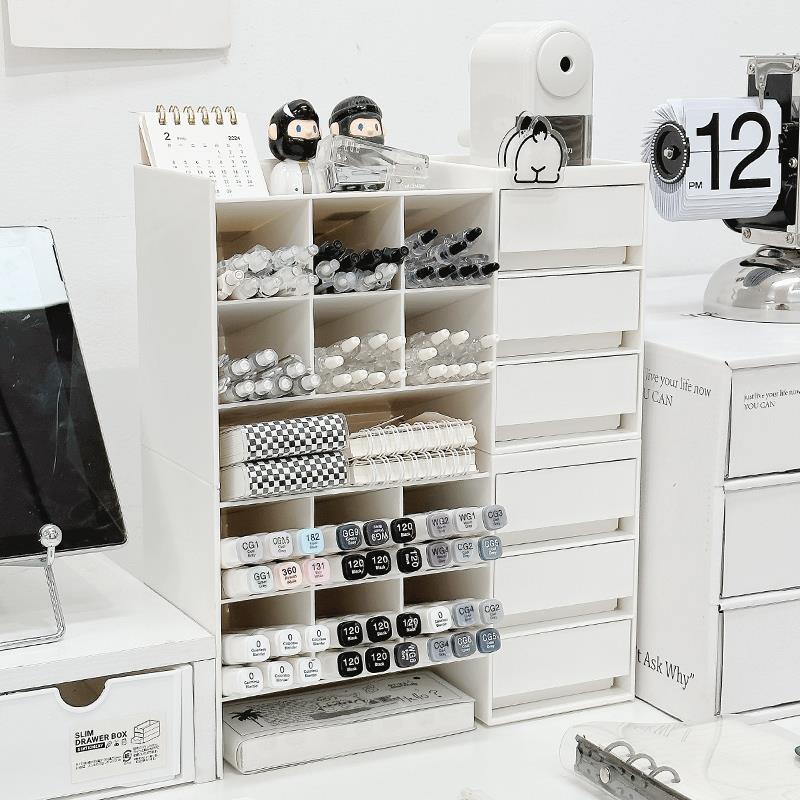 斜插式笔筒儿童男孩书桌文具马克笔的置物架多格大容量带抽屉笔架