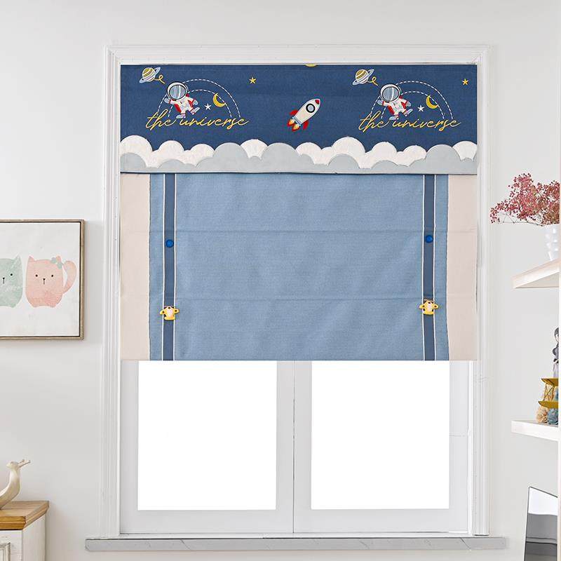 卡通儿童房男孩男童卧室蓝色窗帘现代蓝色飘窗榻榻米升降罗马帘
