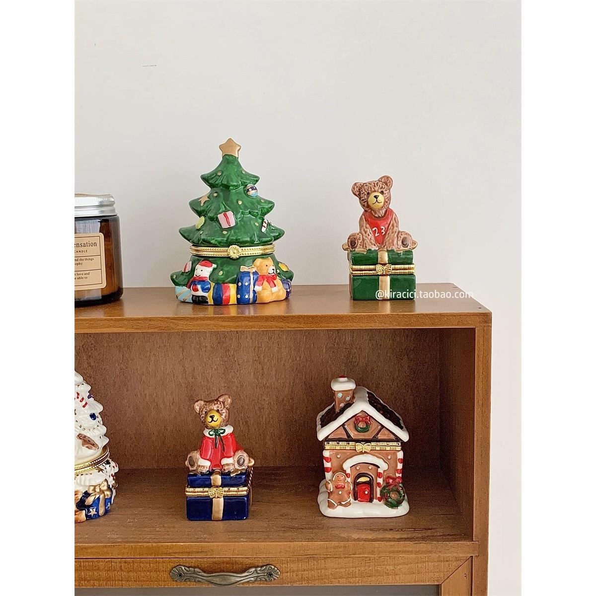 复古圣诞树陶瓷首饰盒小巧可爱桌面摆件高档精致手饰品戒指收纳盒