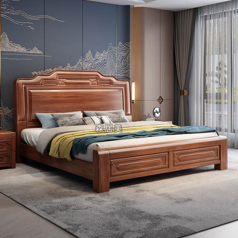 金花梨木全榫卯实木床2米主卧双人大床中式古典雕花菠萝格红木床
