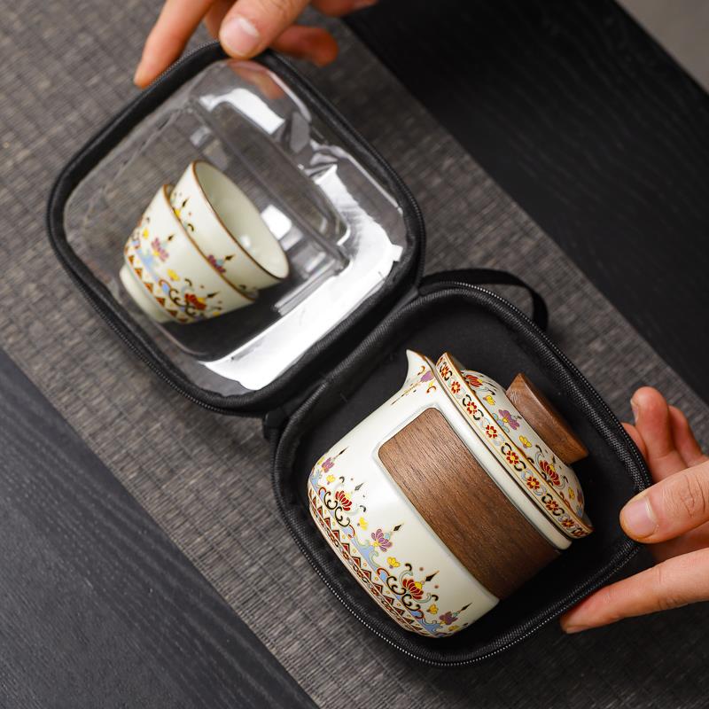 青花汝窑一壶两杯户外旅行茶具套组可携式包茶壶茶杯一人饮快客杯