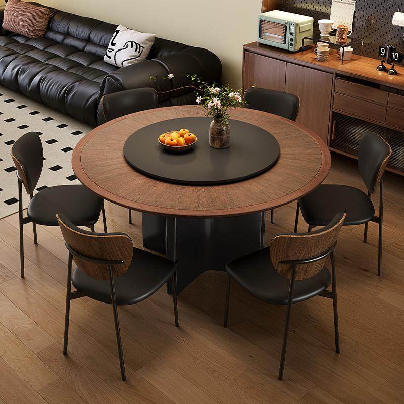 中古风实木餐桌圆桌家用小户型法式复古风岩板圆形餐桌椅组合新款