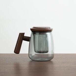 苏氏陶瓷 君悦玻璃杯泡茶杯茶水分离高硼硅 玻璃木盖 透黑办公杯