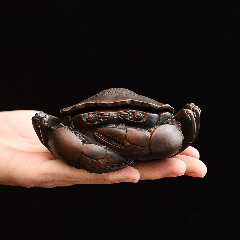 创意紫陶螃蟹过滤器陶瓷茶漏茶滤网全瓷一体茶宠摆件可养茶道零配