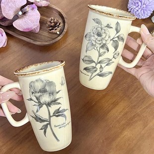 家用马克杯咖啡杯子办公室水杯花茶杯子 复古花卉大容量陶瓷杯法式