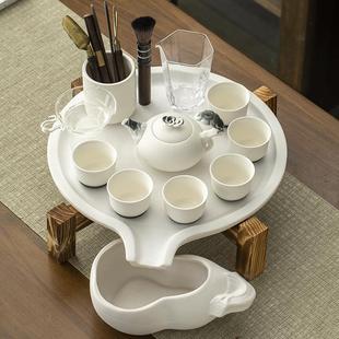 创意陶瓷石磨茶盘现代简约玻璃泡茶器茶杯 家用白陶功夫茶具套装