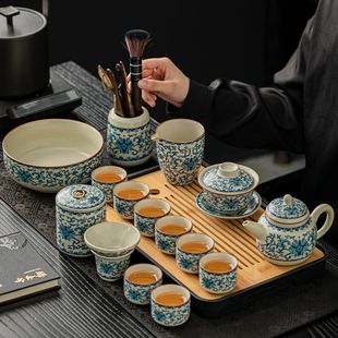 家用陶瓷茶壶茶杯茶盘办公会客喝茶中式 汝窑青花功夫茶具套装 整套