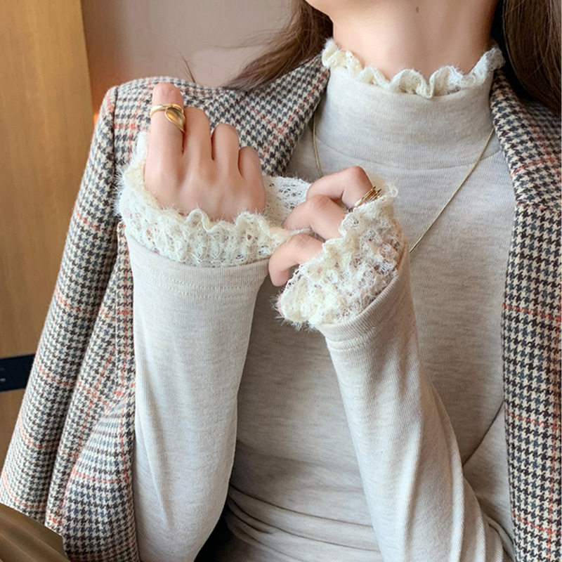 高个子女生加长版上衣蕾丝拼接半高领打底衫修身毛衣针织衫内搭