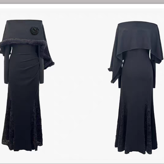 裙长130+高个子女生加长连衣裙立体花朵披肩式假两件大圆领一字领