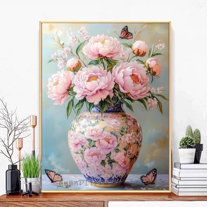 牡丹花瓶钻石画2025新款满钻客厅十字绣手工diy点钻贴画手工粘钻