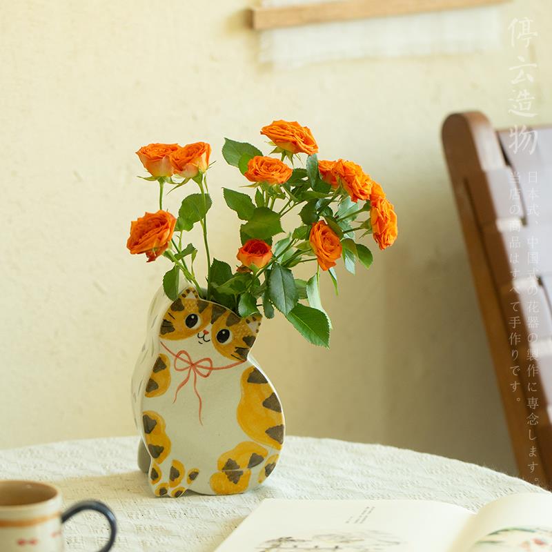 观瓷 猫形插花花器创意手绘陶瓷花瓶景德镇手工可爱猫咪摆件小众