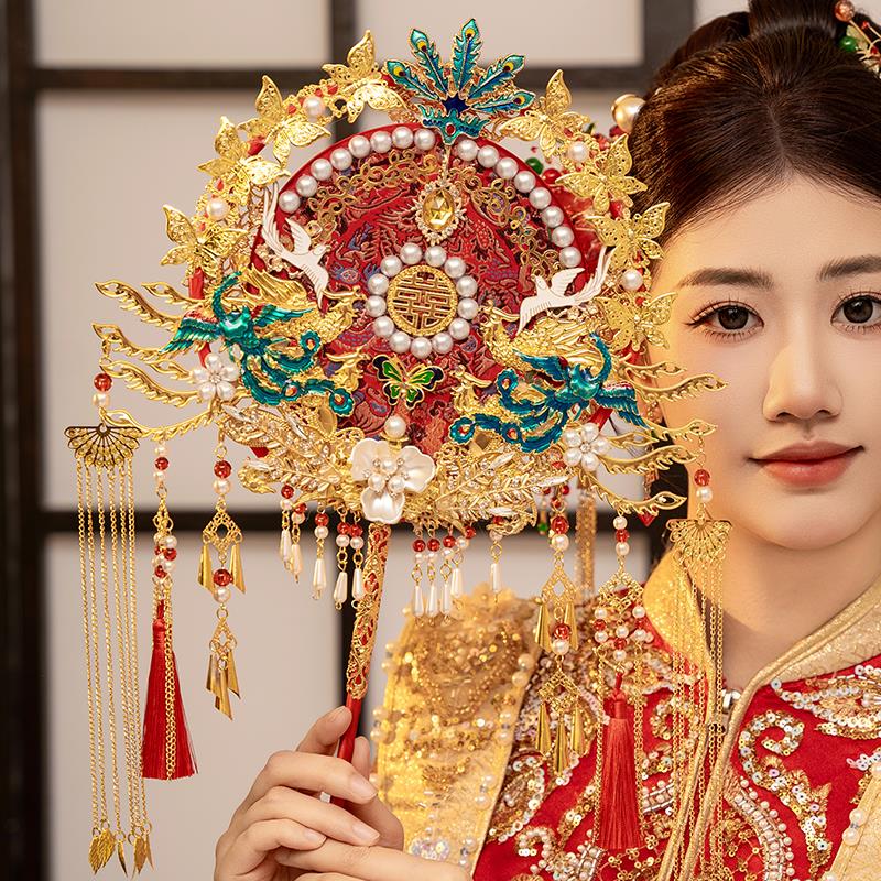 团扇新娘中式结婚出嫁秀禾服diy材料包重工双面成品手工高级喜扇