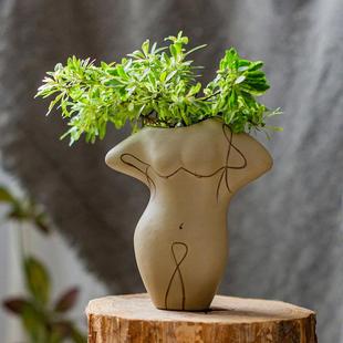 饰品摆件 掬涵人像艺术花器创意陶土花瓶北欧抽象客厅干花插花装
