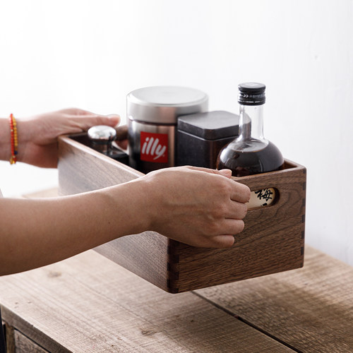 木上黑胡桃木大盒子手提桌面收纳盒D实木露营酒瓶罐子收纳盒整理