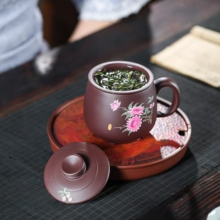 宜兴紫砂杯带内胆茶水分离家用泡茶杯手工堆绘变色水杯礼品三件套