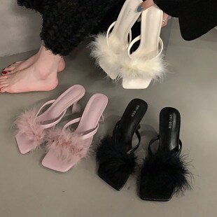 2024新d款法式高跟鞋毛毛拖鞋女鞋子外穿夏季仙女风黑色凉鞋一字