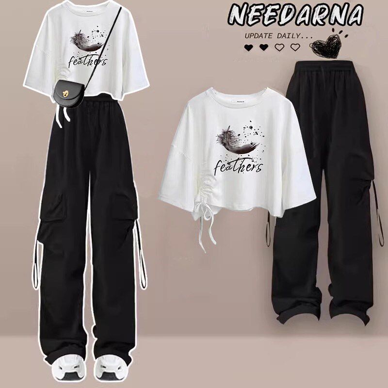 夏季大童套装女学生m韩版宽松抽绳短款t恤工装阔腿裤学院风两件套