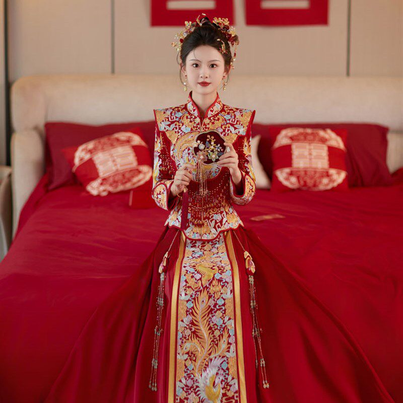 B19龙凤褂嫁衣l新款新娘结婚高级秀小个子出嫁婚服中式裙褂秋冬女