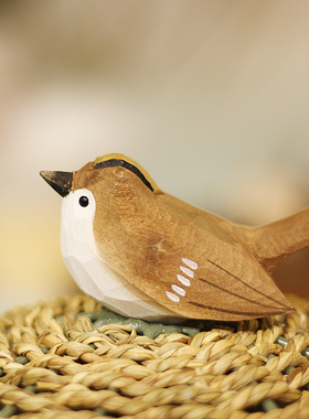 鹿妖商店 金冠戴菊 肥啾鸟 纯手工木雕小鸟 实木摆件