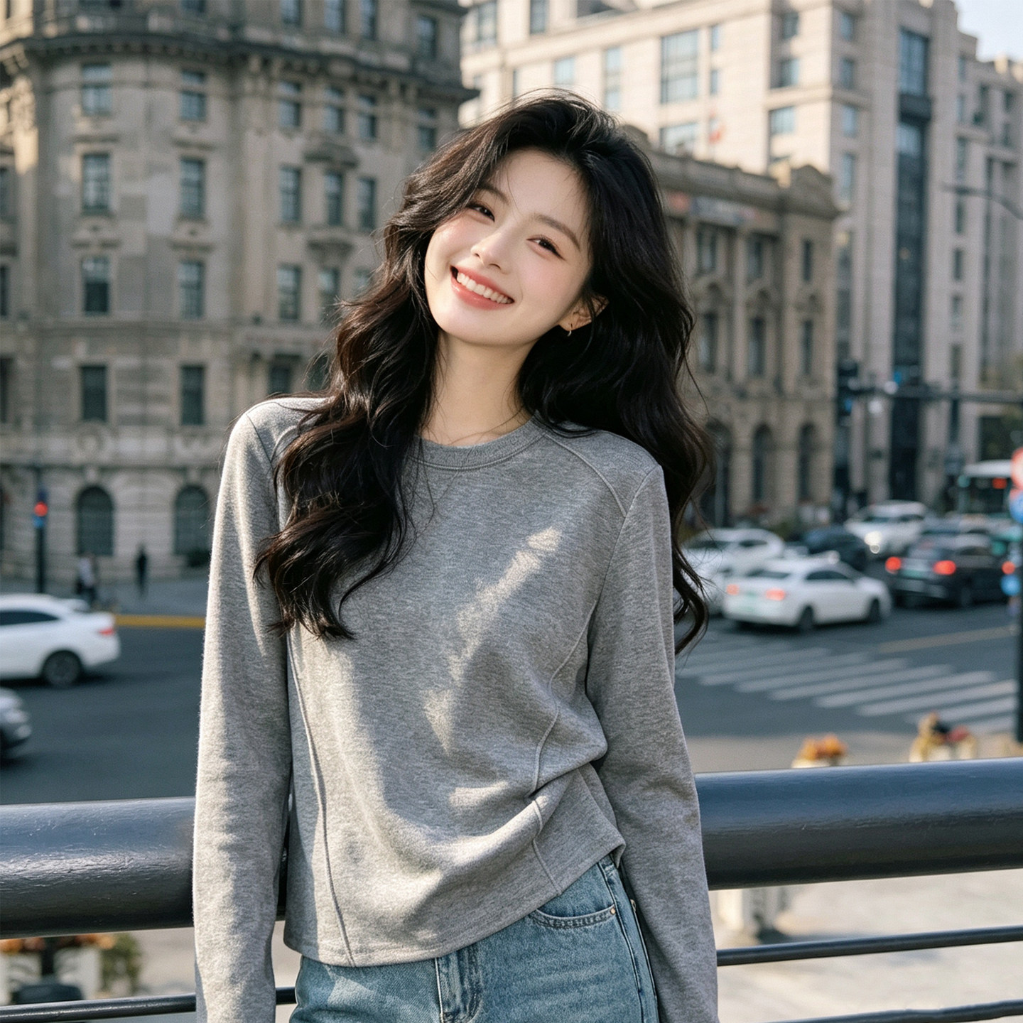 鱼骨线掐腰T恤女长袖设计感宽松图片