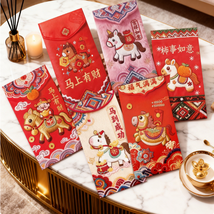 卡通马红包袋春节利是封创意刺绣烫金新年红包整组礼盒装插舌式