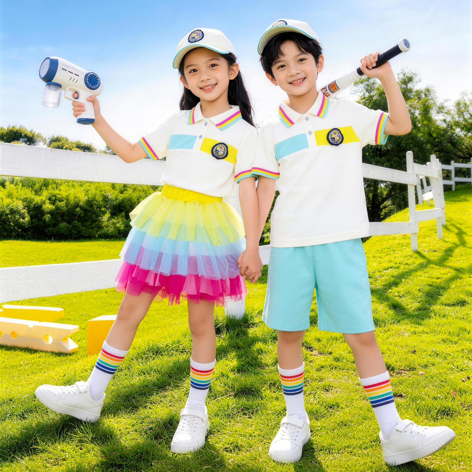 幼儿园夏季毕业照表演服学院风儿童班服夏装彩虹Polo衫啦啦队服装