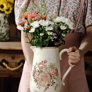 插花瓶玫瑰花田园壶鲜花瓶油墨创意家居装饰摆件欧式复古陶瓷干花