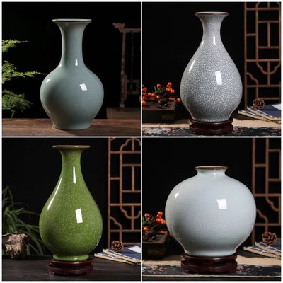 简约宋式美学客厅电视柜茶几玄关样板房博古架P冰裂釉陶瓷花瓶摆