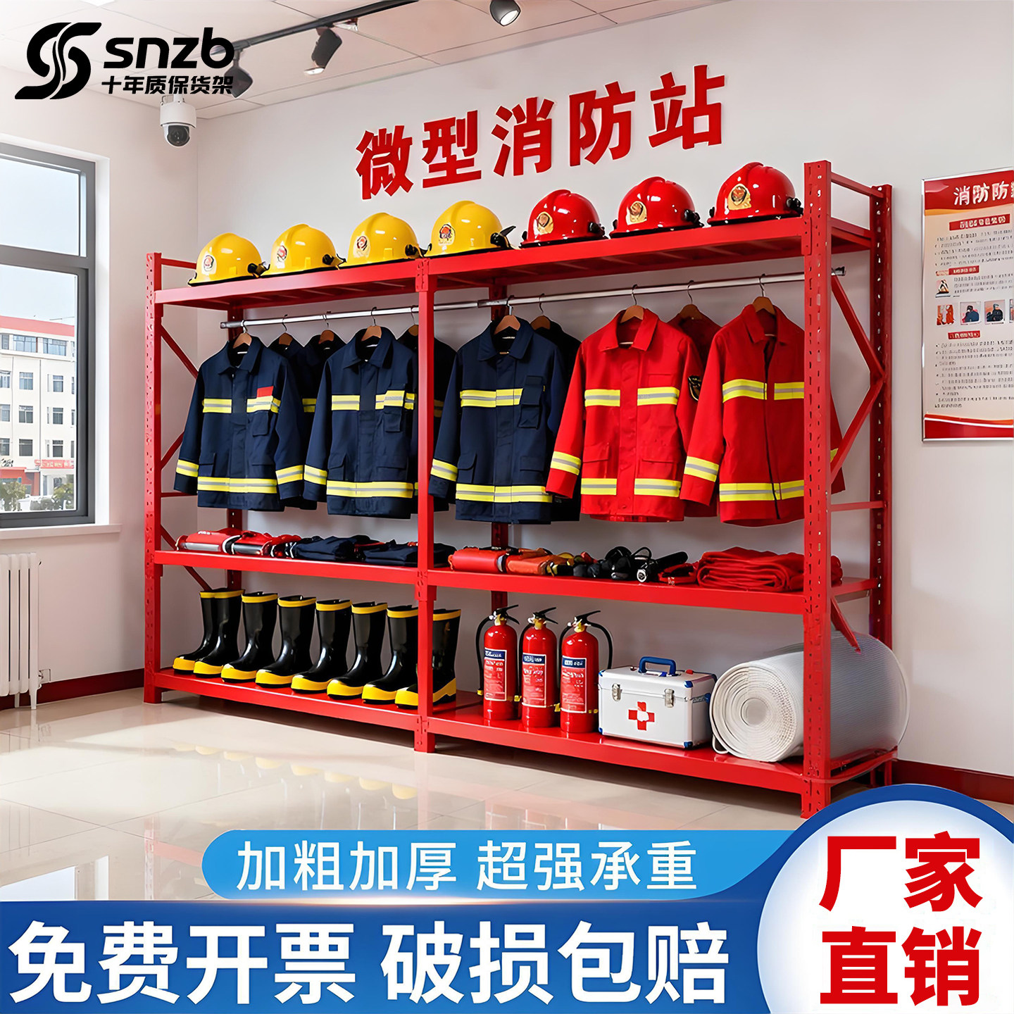 红色仓储货架消防站灭火器材储藏架工厂库房仓库多层置物架展示架