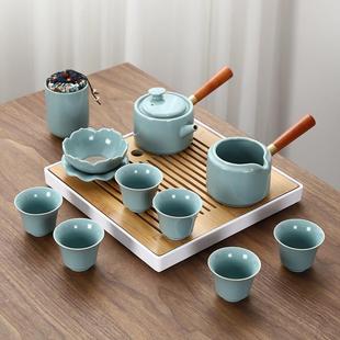 简约家用办公会客双侧把防烫泡茶壶茶杯 汝窑开片陶瓷功夫茶具套装