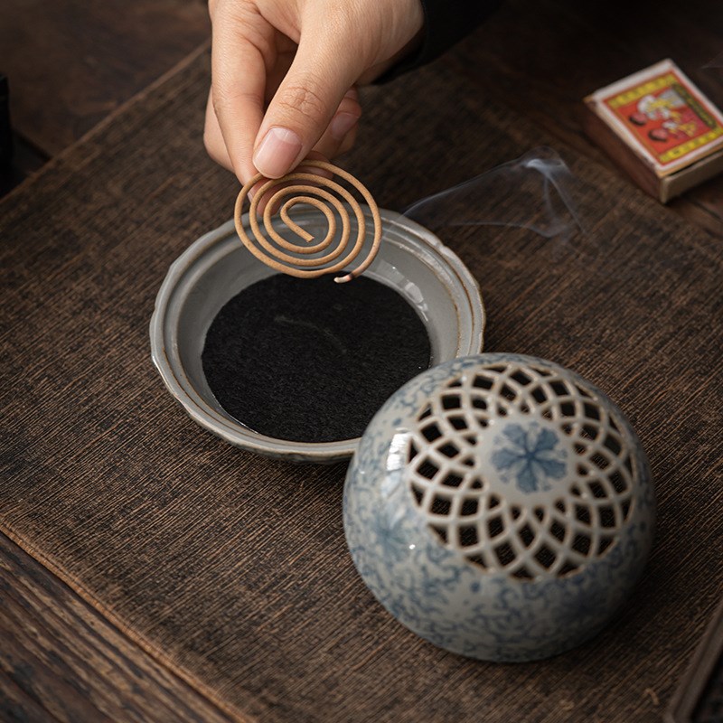 青花盘香炉古陶泥陶瓷釉下彩小工艺品熏香摆件香薰炉家居香插香道