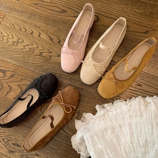 黛芙琳同款 芭蕾风弹力一字浅口甜美结芭蕾鞋 休闲圆头平底单鞋