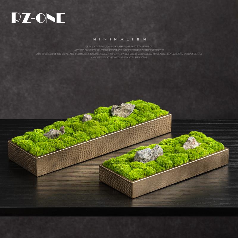 Rzone 高级感铜盆绿植盆景茶室茶桌书房桌面装饰新中式样板间摆饰