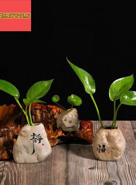 禅意石头装饰客厅茶桌茶宠摆件水培花盆器皿创意绿萝小花器粗陶瓷